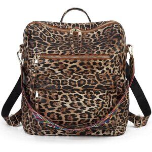 Women Backpack Purse Vintage Rucksack Convertible Brown Leopard